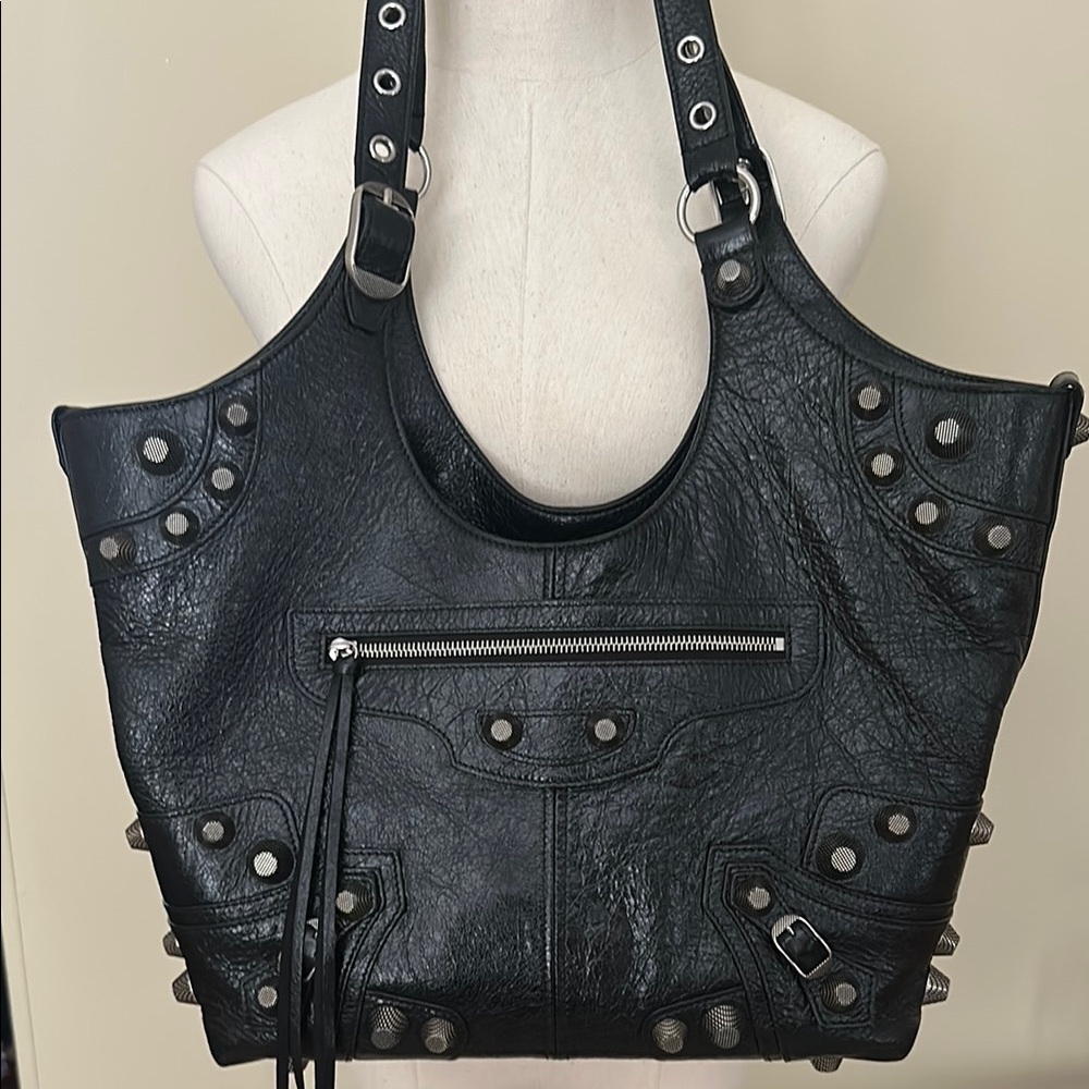 Balenciaga Black Studded Leather Tote Bag